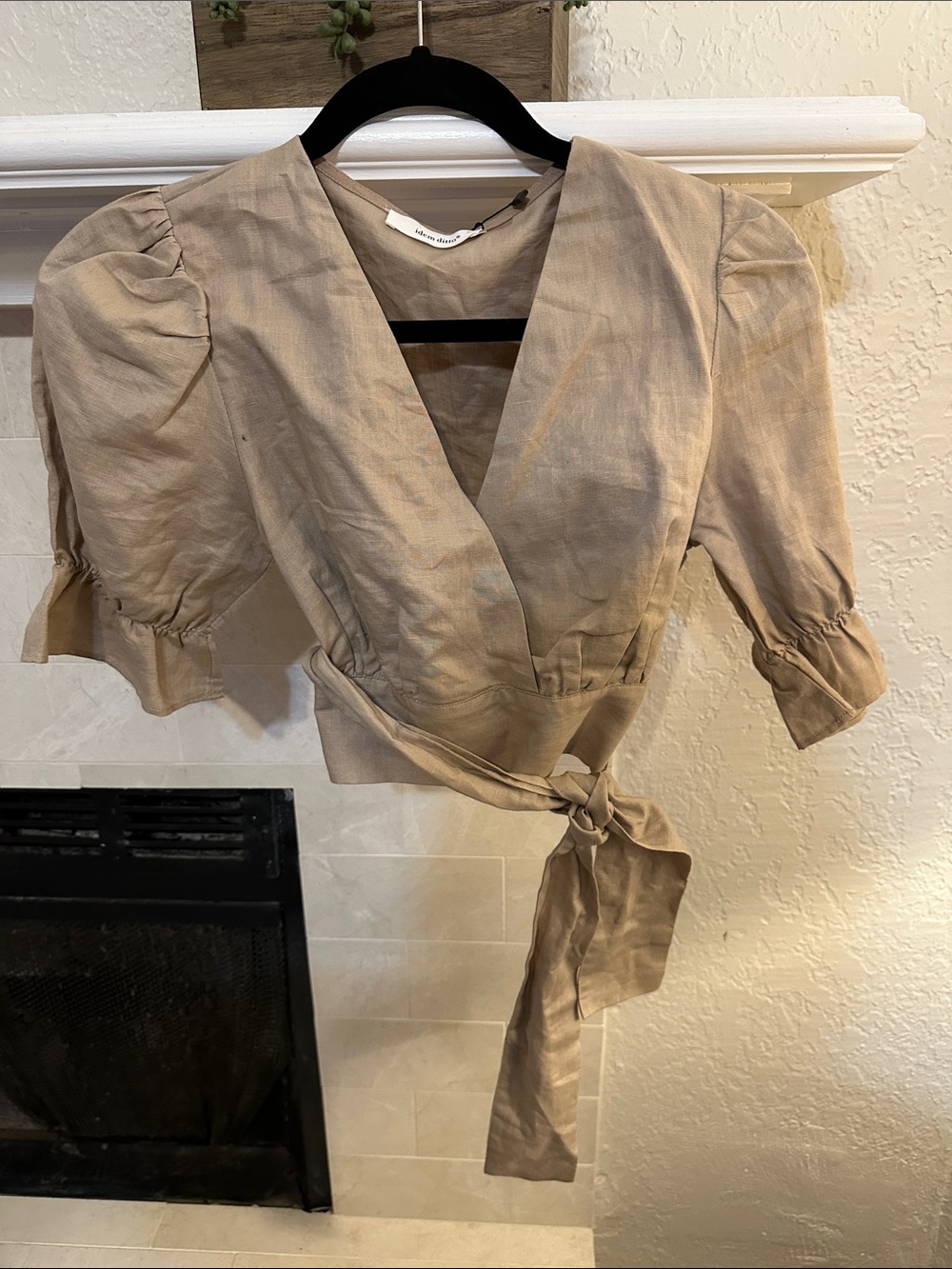 Taupe Wrap Crop Top with Puff Sleeves